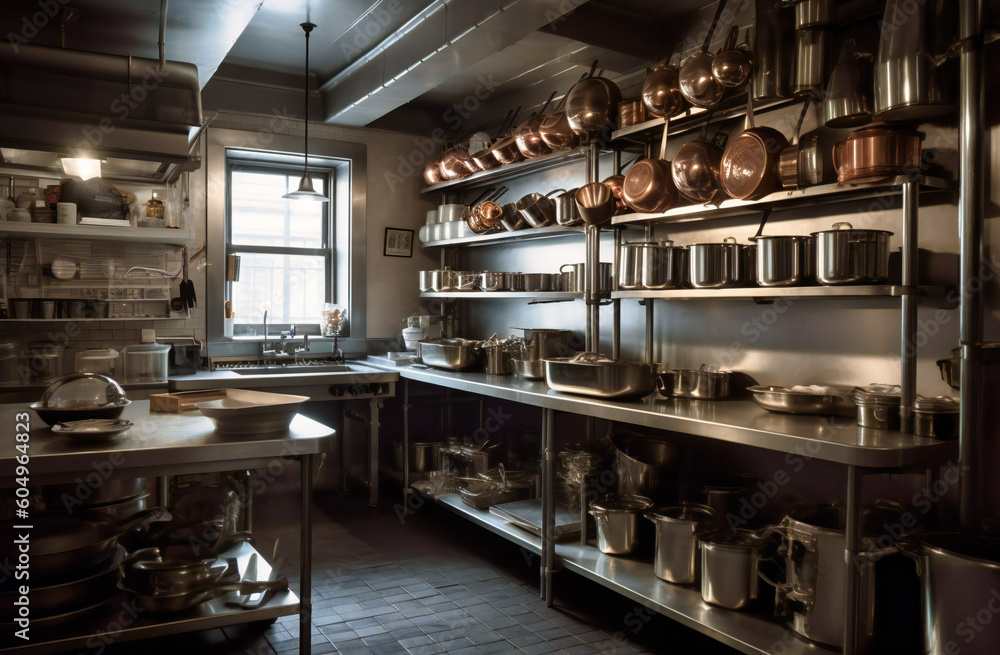 the stainless steel shelves are filled with many pots and pans