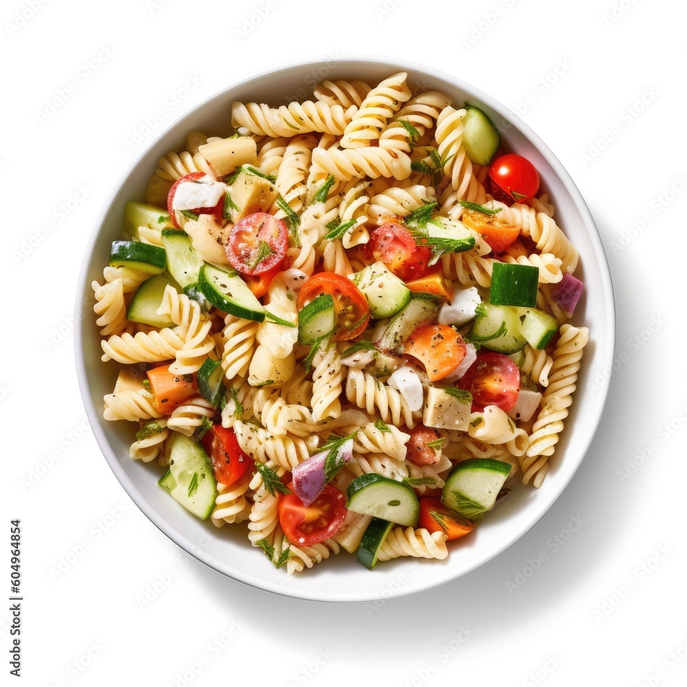 Delicious Plate of Pasta Salad with Tomatoes and Cucumbers on a White Background Generative AI