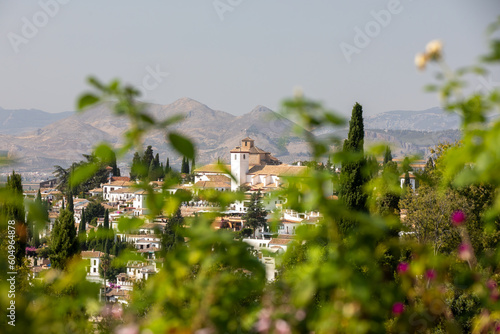 Architectural details of the Alhambra fortified palace complex and Granada city