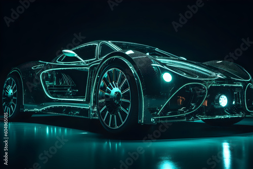 Electric car conceptual illustration - a blue sports car made from energy. Generative AI