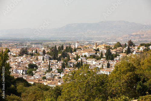 Architectural details of the Alhambra fortified palace complex and Granada city