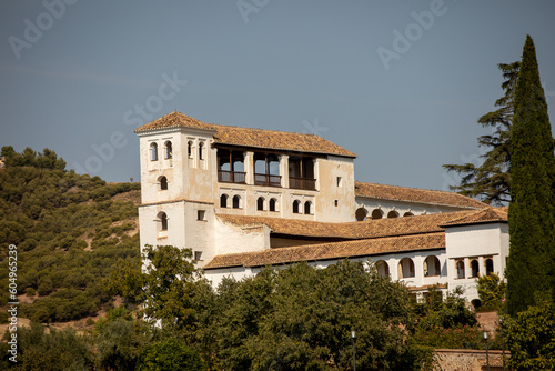 Architectural details of the Alhambra fortified palace complex and Granada city