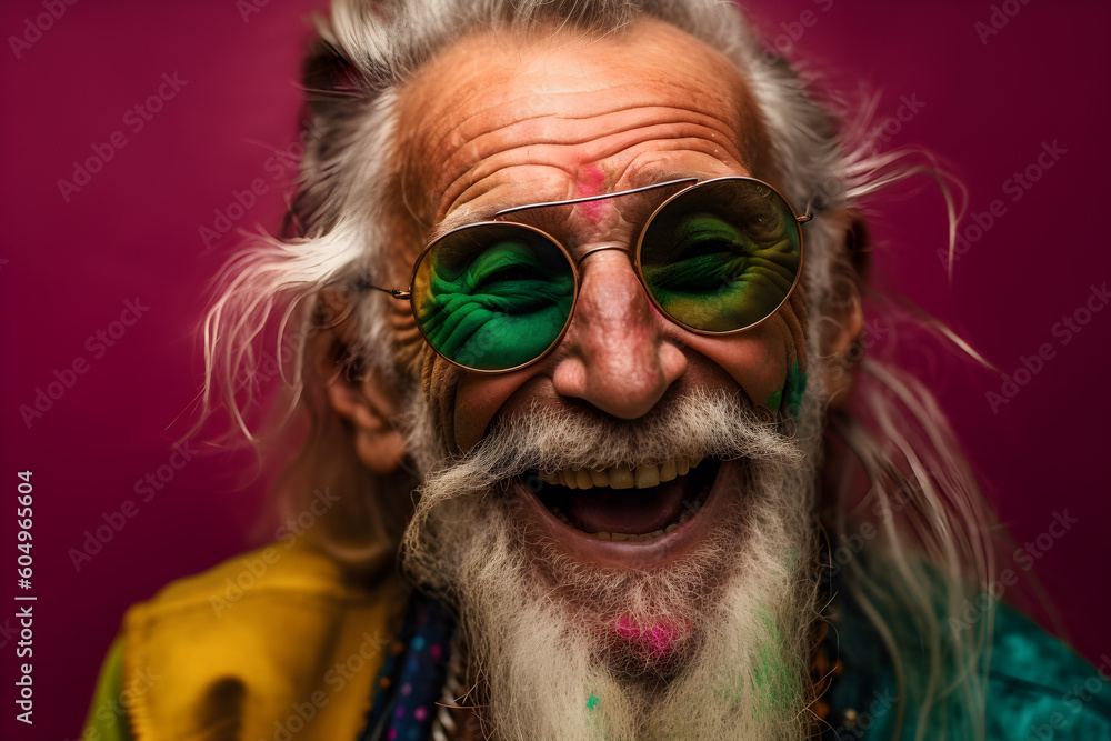 Funny old man wearing sunglasses in studio and laughing - colorful. Generative AI Funny old man wearing sunglasses in studio and laughing - colorful. Generative AI