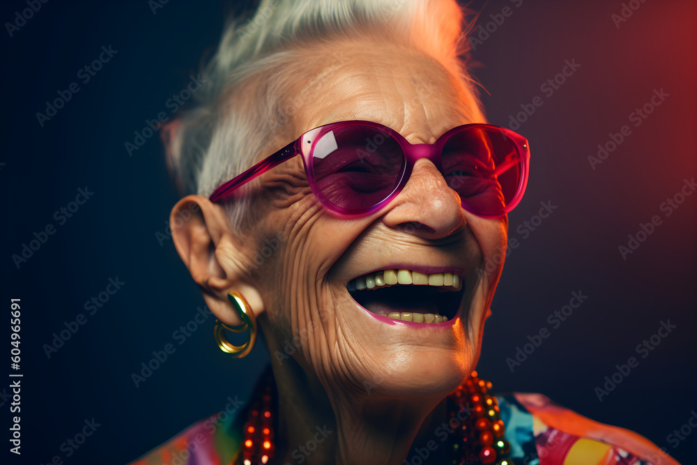 Funny old woman wearing sunglasses in studio and laughing - colorful. Generative AI Funny old woman wearing sunglasses in studio and laughing - colorful. Generative AI