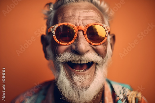Funny old man wearing sunglasses in studio and laughing - colorful. Generative AI