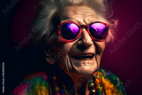 Funny old woman wearing sunglasses in studio and laughing - colorful. Generative AI