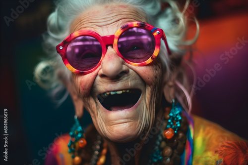 Funny old woman wearing sunglasses in studio and laughing - colorful. Generative AI