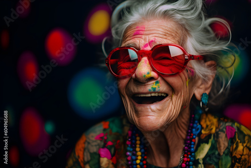 Funny old woman wearing sunglasses in studio and laughing - colorful. Generative AI