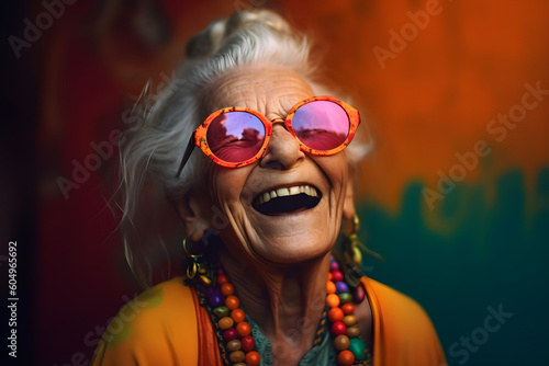 Funny old woman wearing sunglasses in studio and laughing - colorful. Generative AI