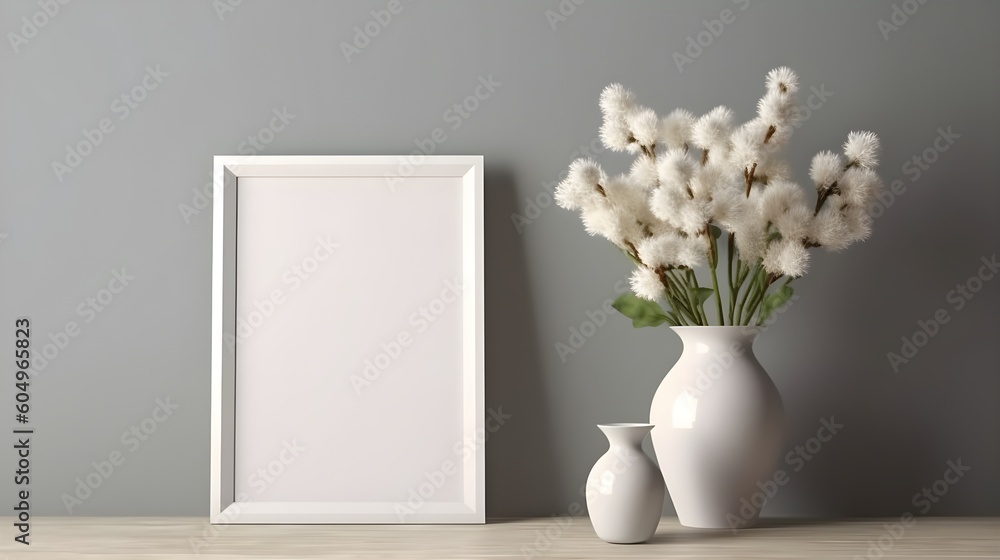 Mock up white frame and vase on a table. Generative AI Mock up white frame and vase on a table. Generative AI