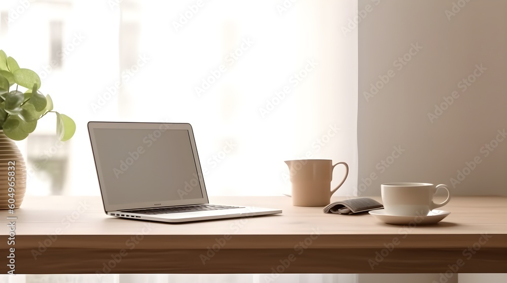 Office desk with laptop mobile and coffee mug. Design workspace. Simple elements. Empty space. Generative AI Office desk with laptop mobile and coffee mug. Design workspace. Simple elements. Empty space. Generative AI