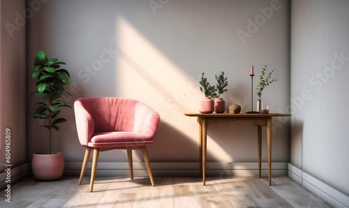 a pink chair and table on a white wall
