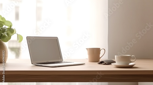 Office desk with laptop mobile and coffee mug. Design workspace. Simple elements. Empty space. Generative AI