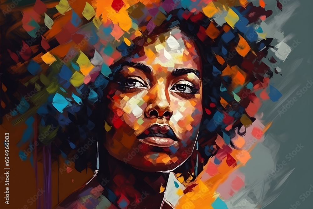 © Mihai Zaharia - Portrait of a beautiful young african american woman. Colorful modern hand painted art with geometric shapes. Generative AI © Mihai Zaharia - Portrait of a beautiful young african american woman. Colorful modern hand painted art with geometric shapes. Generative AI