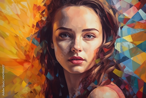 Portrait of a beautiful young caucasian woman. Colorful modern hand painted art with geometric shapes. Generative AI