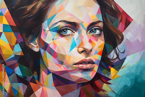 Portrait of a beautiful young caucasian woman. Colorful modern hand painted art with geometric shapes. Generative AI
