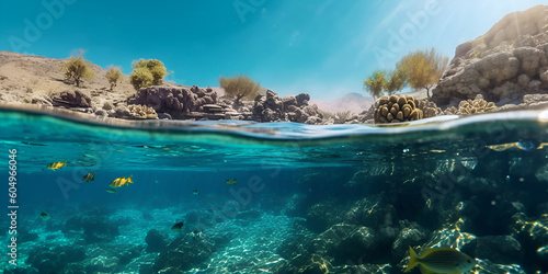 Underwater snorkeling tropical sea or ocean banner. AI generative 