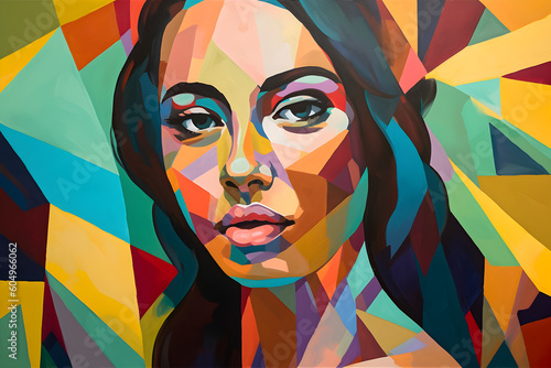 Portrait of a beautiful young latino woman. Colorful modern hand painted art with geometric shapes. Generative AI