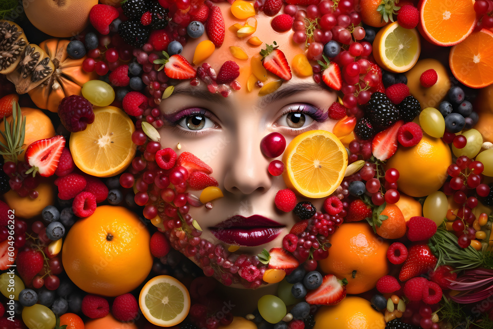 Woman face combined with summer fruits. Colorful conceptual illustration. Generative AI