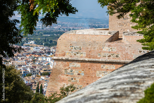 Architectural details of the Alhambra fortified palace complex and Granada city