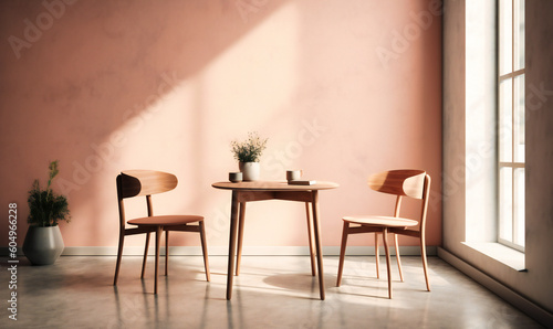 a pink chair and table on a white wall © Nilima