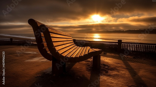 A bench on a beach with the sun setting behind it