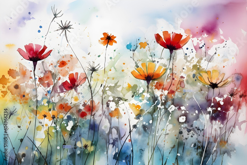 Watercolor painting - delicate and colorful summer flowers, isolated on a perfect white background. Hand drawn illustration. Generative AI