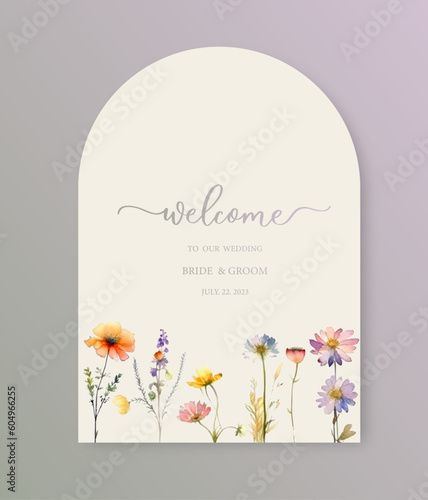 Welcome arch wedding sign. Calligraphy with watercolor wild herbs and flowers. Abstract floral art background vector design for wedding invitation and vip cover template.generative ai