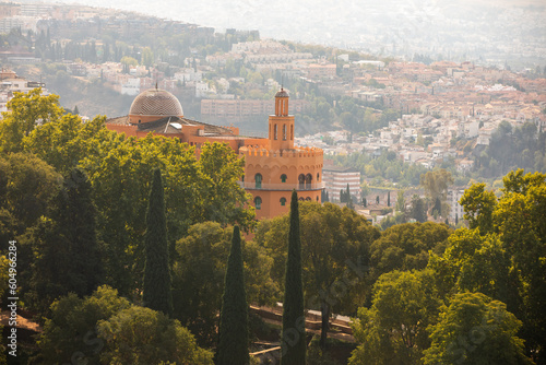 Architectural details of the Alhambra fortified palace complex and Granada city