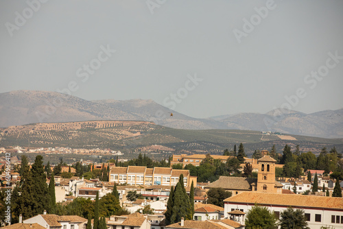 Architectural details of the Alhambra fortified palace complex and Granada city