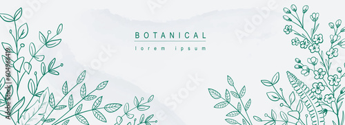Botanical abstract background with floral line art design. Horizontal web banner in minimal style with hand drawn leaves, plants, blooming flowers, different twigs and branches. Vector illustration.