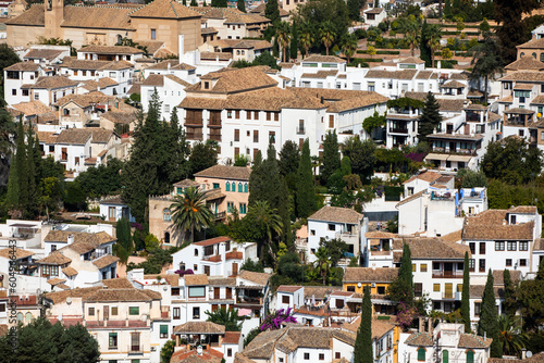 Architectural details of the Alhambra fortified palace complex and Granada city