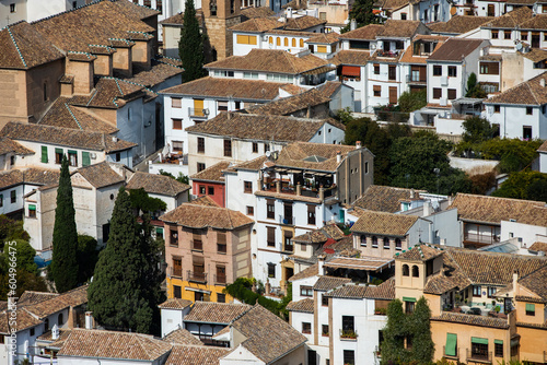 Architectural details of the Alhambra fortified palace complex and Granada city