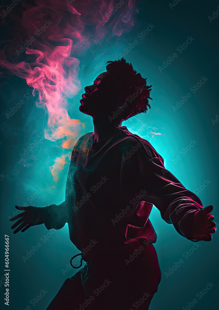 An image of a silhouetted african american person dancing in teal and pink tones with smoke rising off of them. Created using Generative AI. 