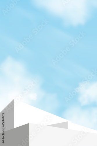 3d Step Podium over Cloud,Blue Sky Background,Vector Background display with White and Grey Stage Showcase Mockup,Minimal Design Backdrop for Spring, Summer cosmetic product