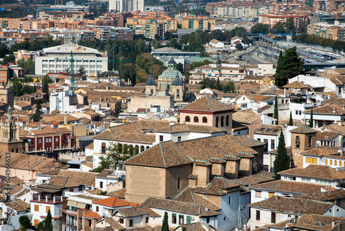 Architectural details of the Alhambra fortified palace complex and Granada city