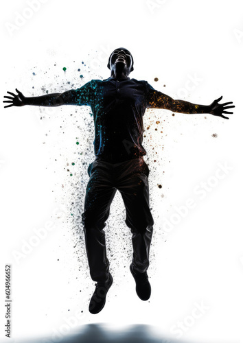A silhouetted joyful man jumping into the air with colorful particles coming off of him on a seamless background. Created using Generative AI.