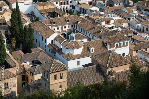 Architectural details of the Alhambra fortified palace complex and Granada city
