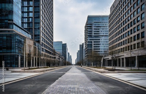 empty street and skyscrapers in front of a building