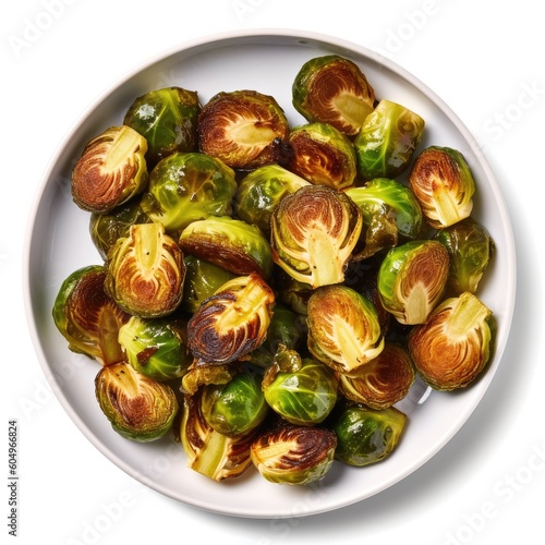 Plate of Roasted Brussels Sprouts on a White Background Generative AI photo