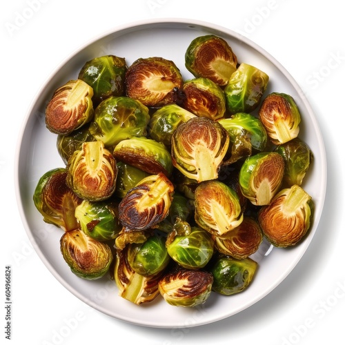 Plate of Roasted Brussels Sprouts on a White Background Generative AI