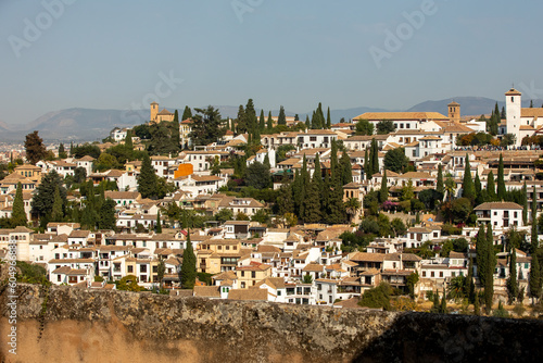 Architectural details of the Alhambra fortified palace complex and Granada city
