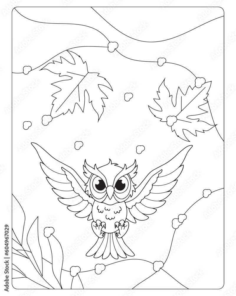 Obraz premium Cute cartoon owl with outstretched wings for coloring pages isolated on white.