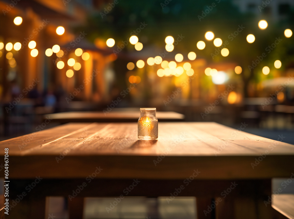 a wooden table in the scene of an outdoor restaurant