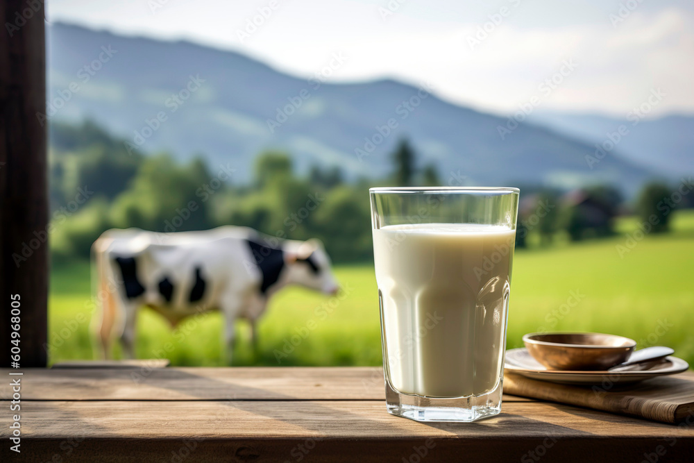 Glass of fresh milk on a wooden table, blurred pastoral landscape background. Glass of fresh milk on a wooden table, blurred pastoral landscape background.