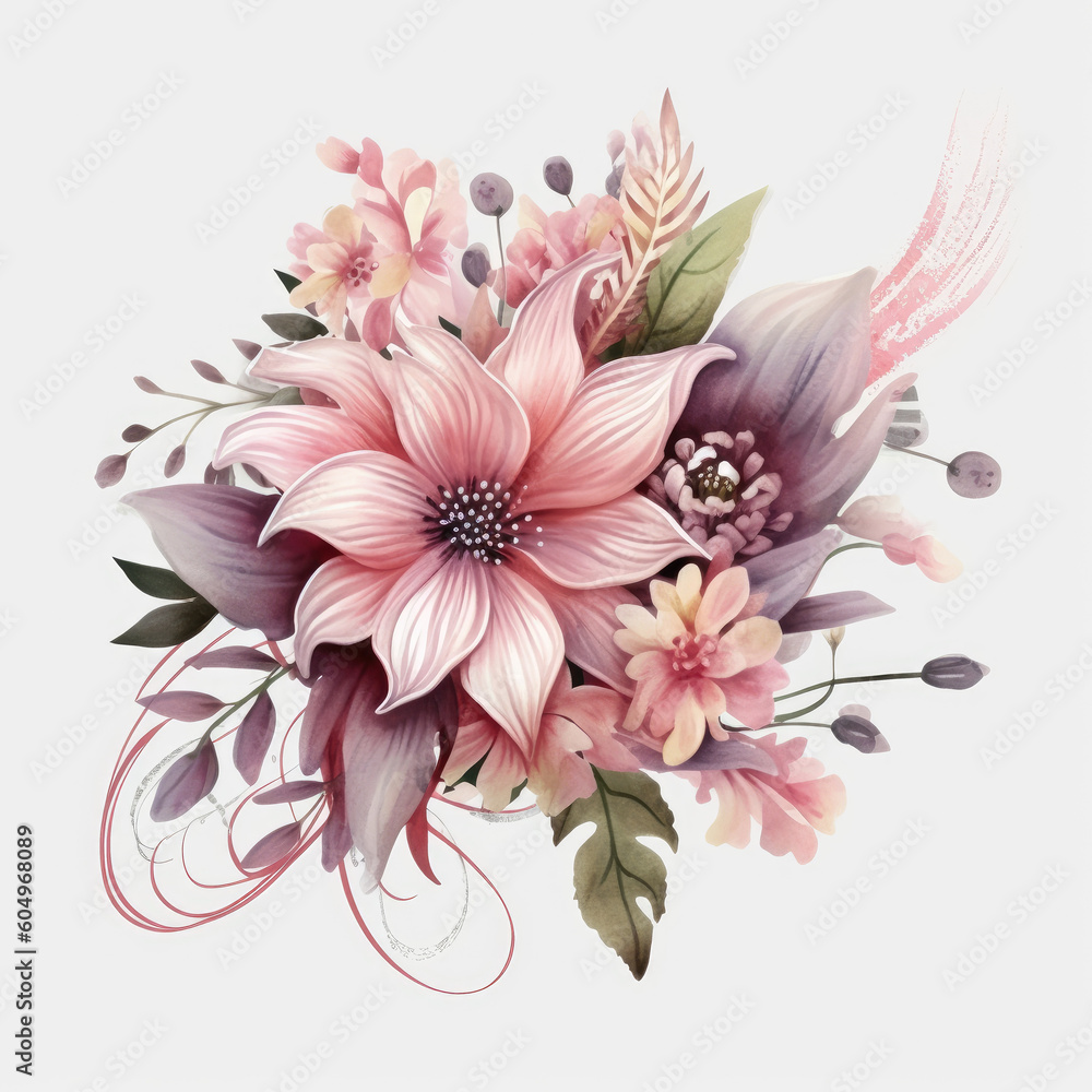 Wedding Composition of Flowers and Greenery in Bouquet Shape - Watercolor Illustration AI generated
