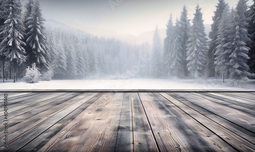 winter wood planks and snowy landscape background © Nilima