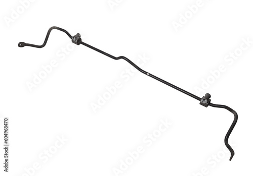 Metal anti-roll bar stabilizer - a device in vehicle suspension that serves to reduce lateral rolls in corners, it was used on a white isolated for installation or repair in workshop photo