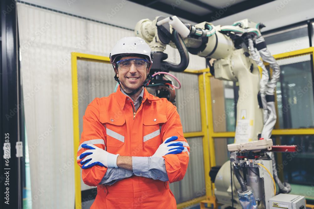 Portrait of happy smiling male engineer worker working with automatic robotic arm. Male technician worker and robot arm in workshop Portrait of happy smiling male engineer worker working with automatic robotic arm. Male technician worker and robot arm in workshop