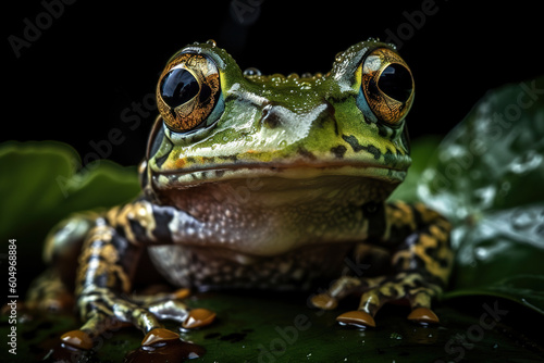 Image of frog on green leaf. Amphibian. Animals. Illustration. Generative AI.